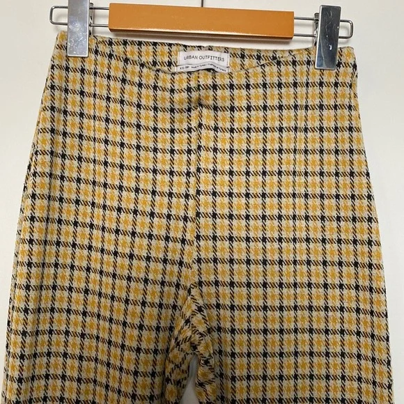 UO Cara Pants Women XS Yellow Black Plaid Kick Flare Knit Crop Stretchy Comfy - Picture 5 of 16